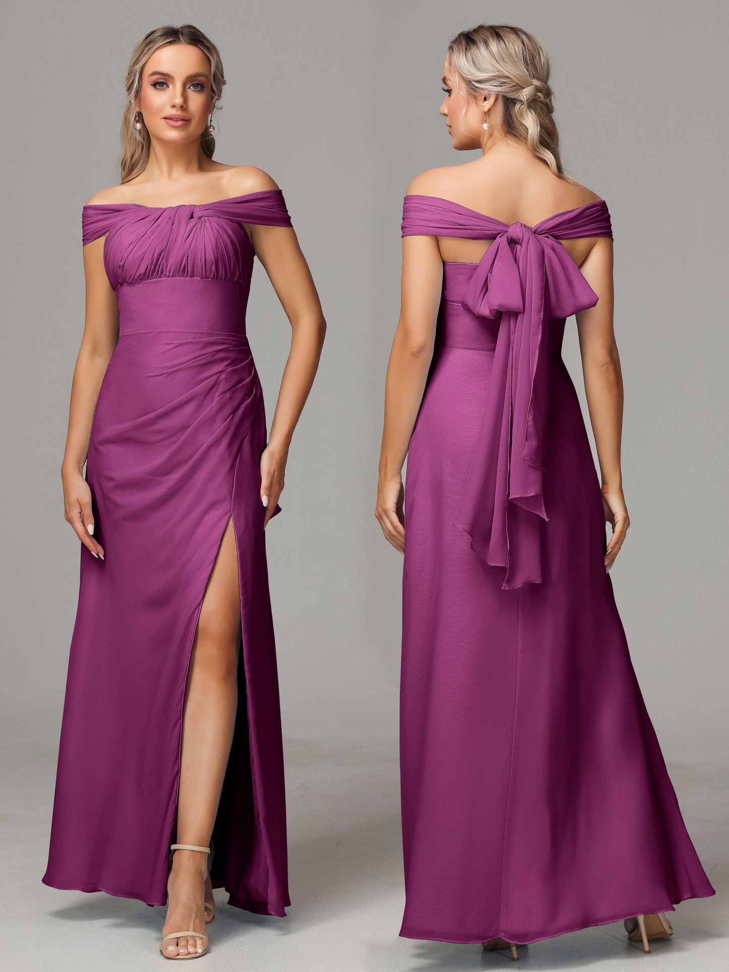 Sleeveless Off The Shoulder Chiffon Bridesmaid Dress With Slit