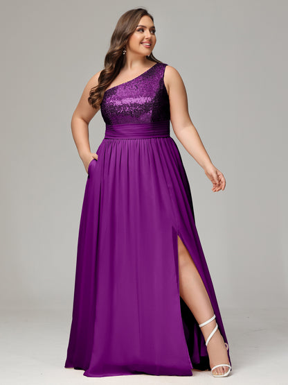 One-Shoulder Sequins Plus Size Bridesmaid Dress