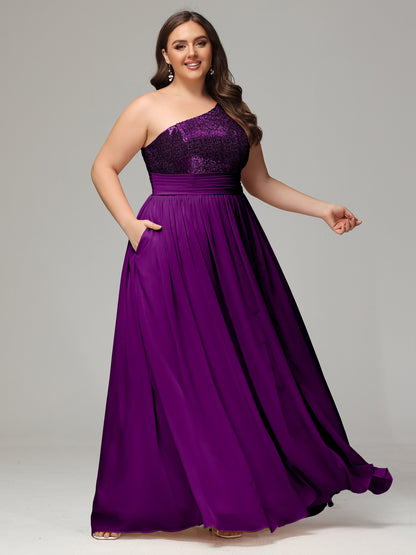 One-Shoulder Sequins Plus Size Bridesmaid Dress