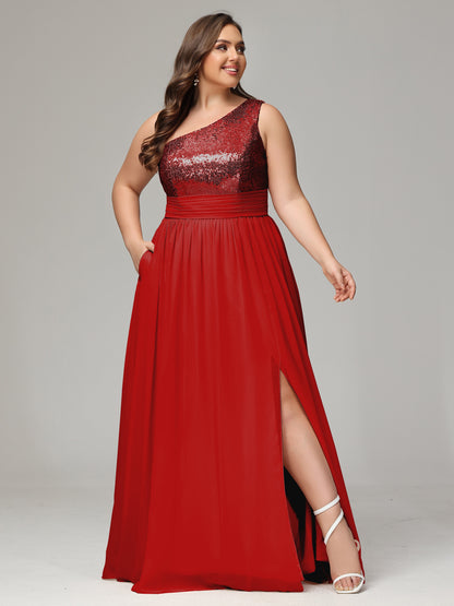 One-Shoulder Sequins Plus Size Bridesmaid Dress