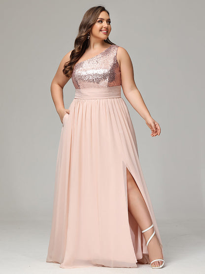 One-Shoulder Sequins Plus Size Bridesmaid Dress