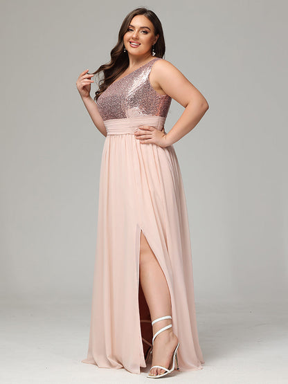 One-Shoulder Sequins Plus Size Bridesmaid Dress