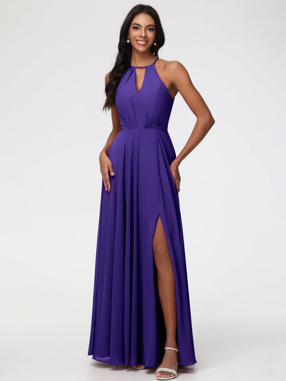 Regency Purple Bridesmaid Dress Halter A-Line Sleeveless Floor Length Chiffon Bridesmaid Dresses with Slit