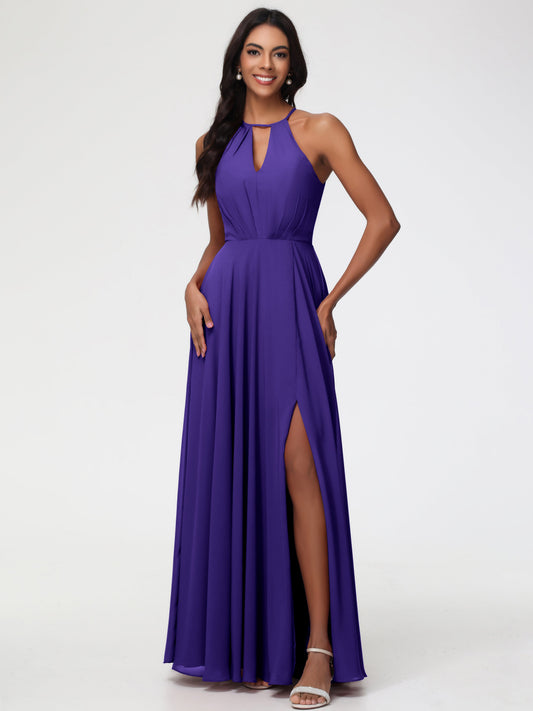 Regency Purple Bridesmaid Dress Halter A-Line Sleeveless Floor Length Chiffon Bridesmaid Dresses with Slit