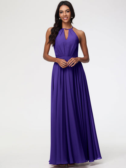 Regency Purple Bridesmaid Dress Halter A-Line Sleeveless Floor Length Chiffon Bridesmaid Dresses with Slit