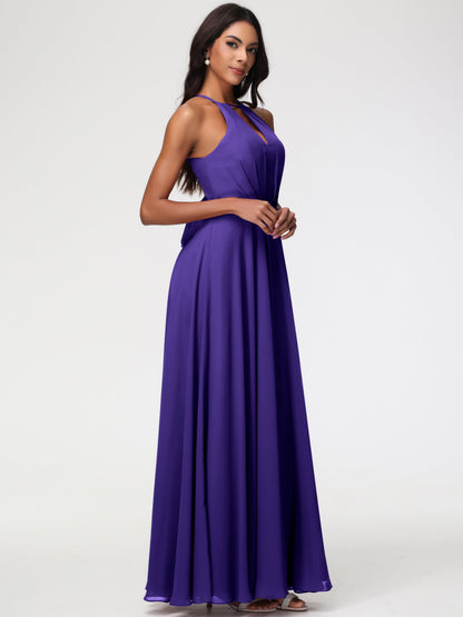 Regency Purple Bridesmaid Dress Halter A-Line Sleeveless Floor Length Chiffon Bridesmaid Dresses with Slit