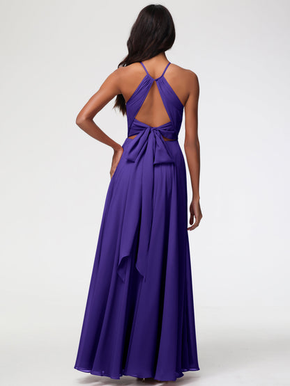 Regency Purple Bridesmaid Dress Halter A-Line Sleeveless Floor Length Chiffon Bridesmaid Dresses with Slit