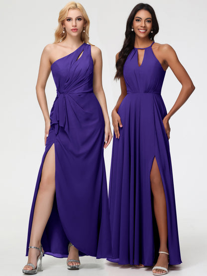 Regency Purple Bridesmaid Dress Halter A-Line Sleeveless Floor Length Chiffon Bridesmaid Dresses with Slit