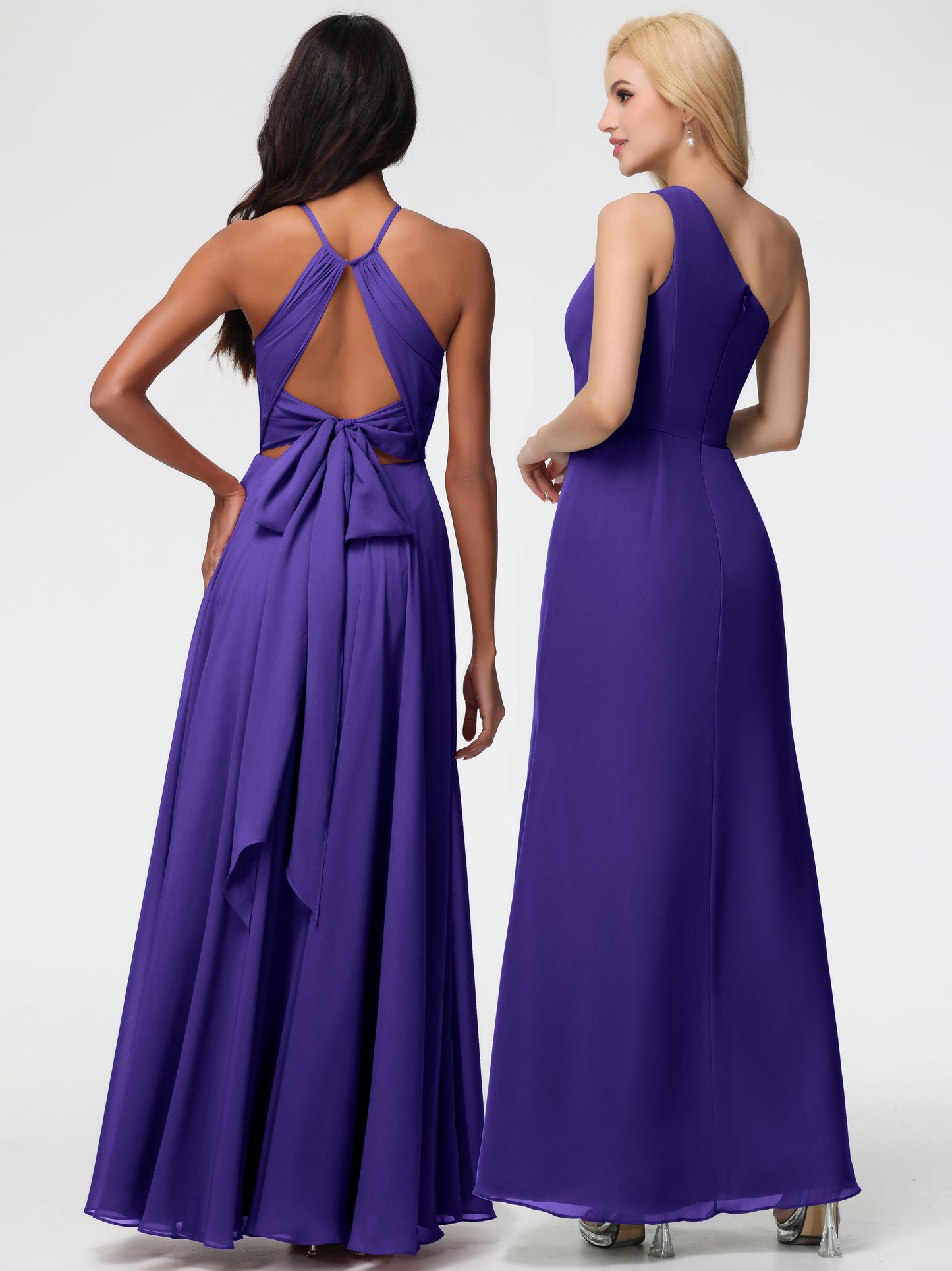 Regency Purple Bridesmaid Dress Halter A-Line Sleeveless Floor Length Chiffon Bridesmaid Dresses with Slit