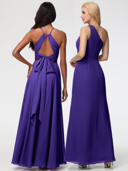 Regency Purple Bridesmaid Dress Halter A-Line Sleeveless Floor Length Chiffon Bridesmaid Dresses with Slit