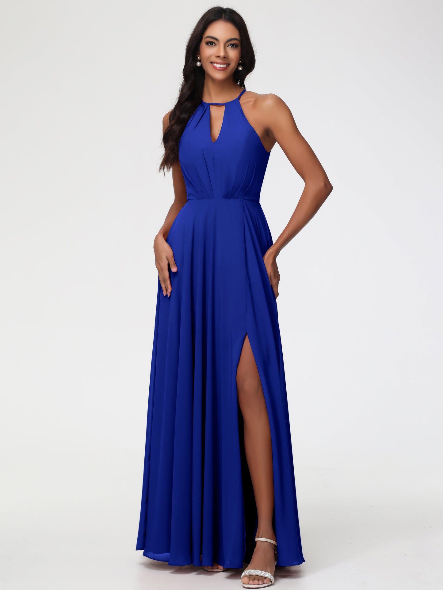 Royal Blue Bridesmaid Halter A-Line Sleeveless Floor Length Chiffon Bridesmaid Dresses with Slit