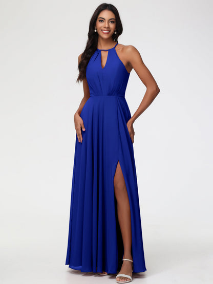 Royal Blue Bridesmaid Halter A-Line Sleeveless Floor Length Chiffon Bridesmaid Dresses with Slit