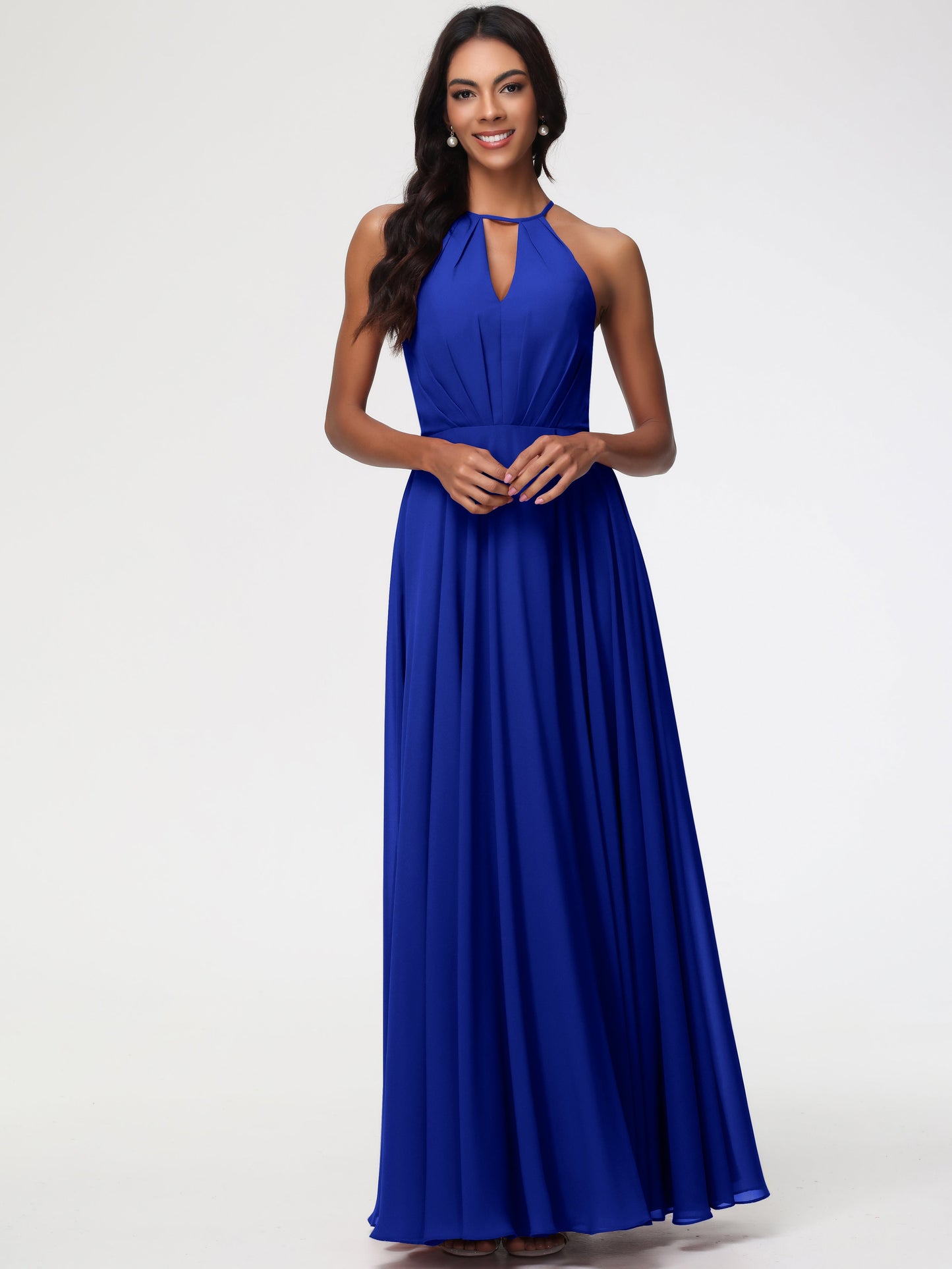 Royal Blue Bridesmaid Halter A-Line Sleeveless Floor Length Chiffon Bridesmaid Dresses with Slit