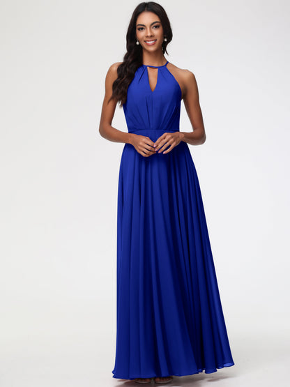 Royal Blue Bridesmaid Halter A-Line Sleeveless Floor Length Chiffon Bridesmaid Dresses with Slit