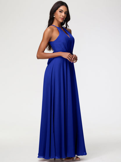 Royal Blue Bridesmaid Halter A-Line Sleeveless Floor Length Chiffon Bridesmaid Dresses with Slit