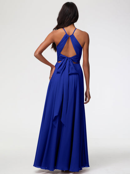 Royal Blue Bridesmaid Halter A-Line Sleeveless Floor Length Chiffon Bridesmaid Dresses with Slit