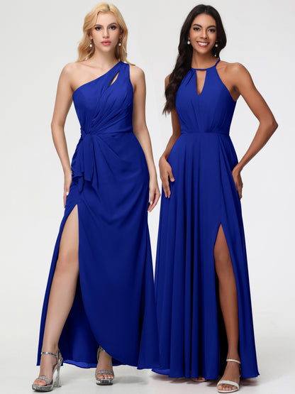 Royal Blue Bridesmaid Halter A-Line Sleeveless Floor Length Chiffon Bridesmaid Dresses with Slit