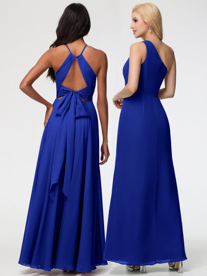 Royal Blue Bridesmaid Halter A-Line Sleeveless Floor Length Chiffon Bridesmaid Dresses with Slit