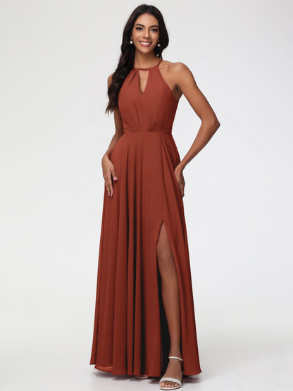 Rust Bridesmaids Dresses Halter A-Line Sleeveless Floor Length Chiffon Bridesmaid Dresses with Slit