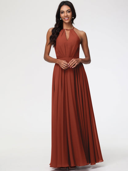 Rust Bridesmaids Dresses Halter A-Line Sleeveless Floor Length Chiffon Bridesmaid Dresses with Slit