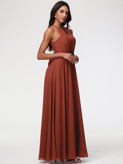 Rust Bridesmaids Dresses Halter A-Line Sleeveless Floor Length Chiffon Bridesmaid Dresses with Slit