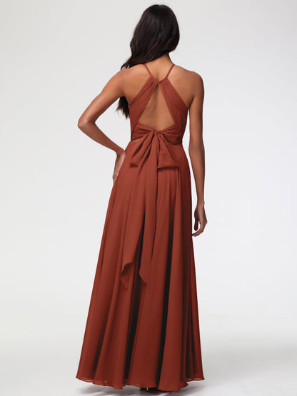 Rust Bridesmaids Dresses Halter A-Line Sleeveless Floor Length Chiffon Bridesmaid Dresses with Slit