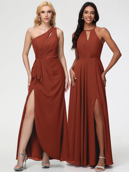 Rust Bridesmaids Dresses Halter A-Line Sleeveless Floor Length Chiffon Bridesmaid Dresses with Slit