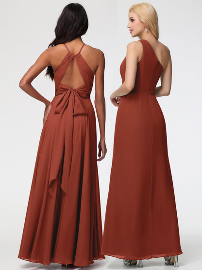 Rust Bridesmaids Dresses Halter A-Line Sleeveless Floor Length Chiffon Bridesmaid Dresses with Slit