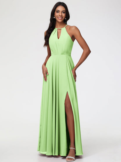 Sage Bridesmaid Dresses Halter A-Line Sleeveless Floor Length Chiffon Bridesmaid Dresses with Slit