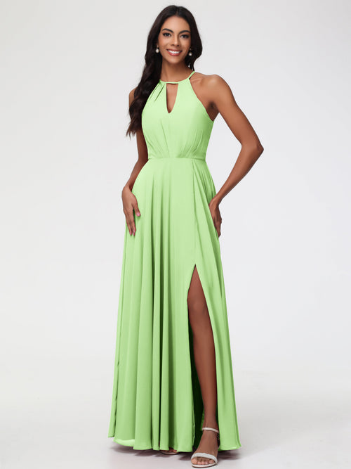 Sage Bridesmaid Dresses Halter A-Line Sleeveless Floor Length Chiffon Bridesmaid Dresses with Slit