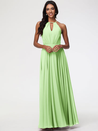 Sage Bridesmaid Dresses Halter A-Line Sleeveless Floor Length Chiffon Bridesmaid Dresses with Slit