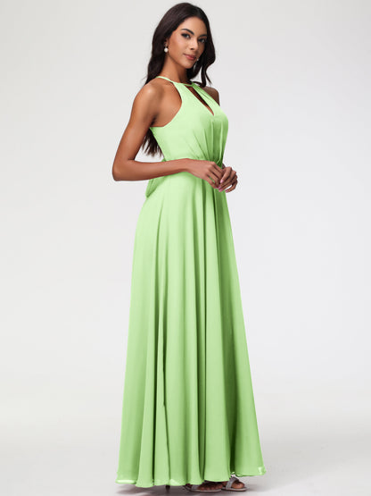 Sage Bridesmaid Dresses Halter A-Line Sleeveless Floor Length Chiffon Bridesmaid Dresses with Slit