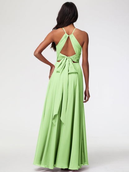 Sage Bridesmaid Dresses Halter A-Line Sleeveless Floor Length Chiffon Bridesmaid Dresses with Slit