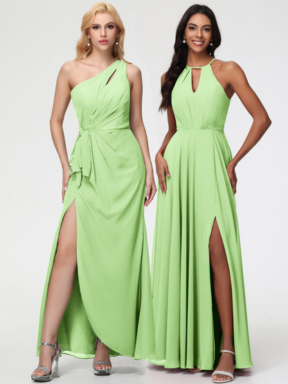 Sage Bridesmaid Dresses Halter A-Line Sleeveless Floor Length Chiffon Bridesmaid Dresses with Slit