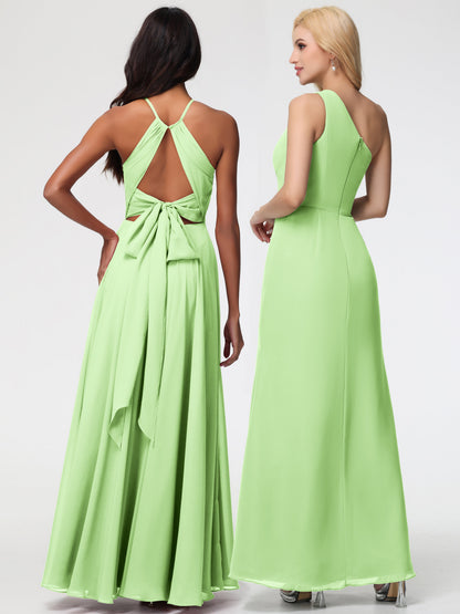 Sage Bridesmaid Dresses Halter A-Line Sleeveless Floor Length Chiffon Bridesmaid Dresses with Slit