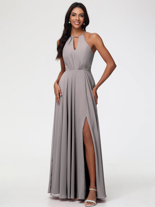 Silver Bridesmaids Dresses Halter A-Line Sleeveless Floor Length Chiffon Bridesmaid Dresses with Slit