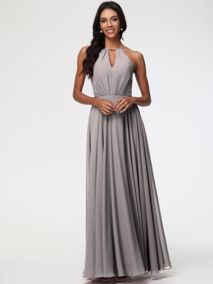 Silver Bridesmaids Dresses Halter A-Line Sleeveless Floor Length Chiffon Bridesmaid Dresses with Slit
