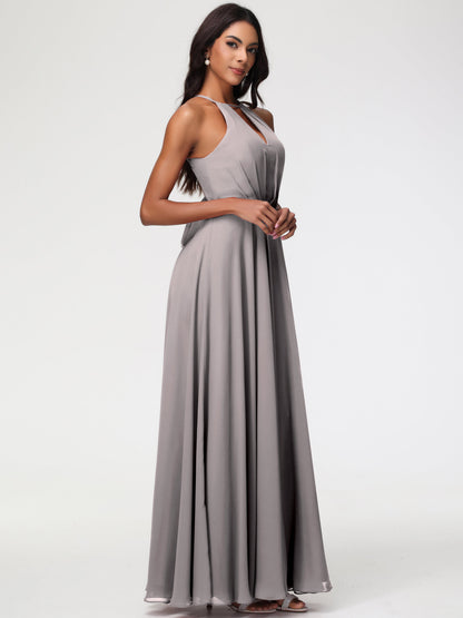 Silver Bridesmaids Dresses Halter A-Line Sleeveless Floor Length Chiffon Bridesmaid Dresses with Slit