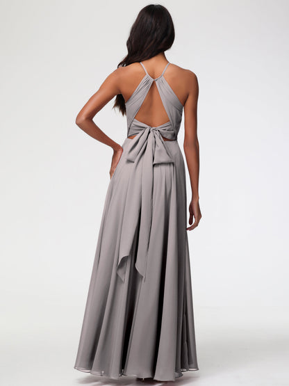 Silver Bridesmaids Dresses Halter A-Line Sleeveless Floor Length Chiffon Bridesmaid Dresses with Slit