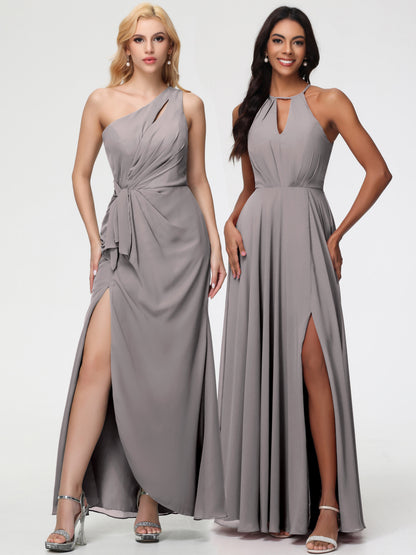 Silver Bridesmaids Dresses Halter A-Line Sleeveless Floor Length Chiffon Bridesmaid Dresses with Slit