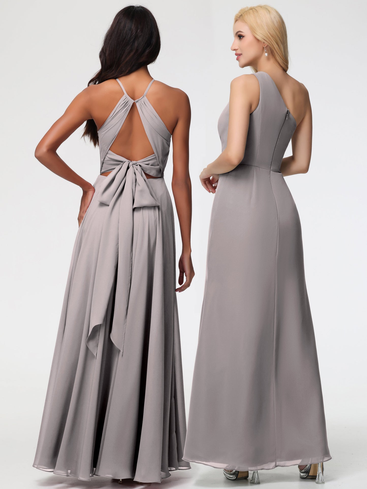 Silver Bridesmaids Dresses Halter A-Line Sleeveless Floor Length Chiffon Bridesmaid Dresses with Slit