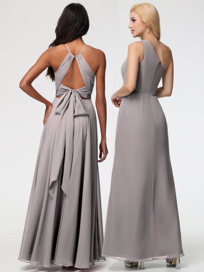 Silver Bridesmaids Dresses Halter A-Line Sleeveless Floor Length Chiffon Bridesmaid Dresses with Slit