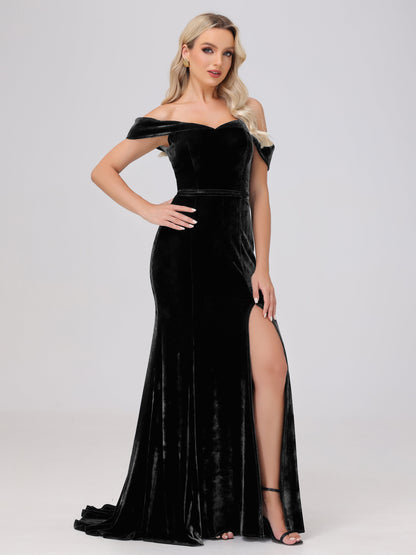 Mermaid Off the Shoulder Zipper Back Velvet Bridesmaid Dresses with Slit