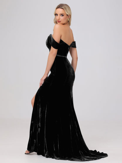 Mermaid Off the Shoulder Zipper Back Velvet Bridesmaid Dresses with Slit