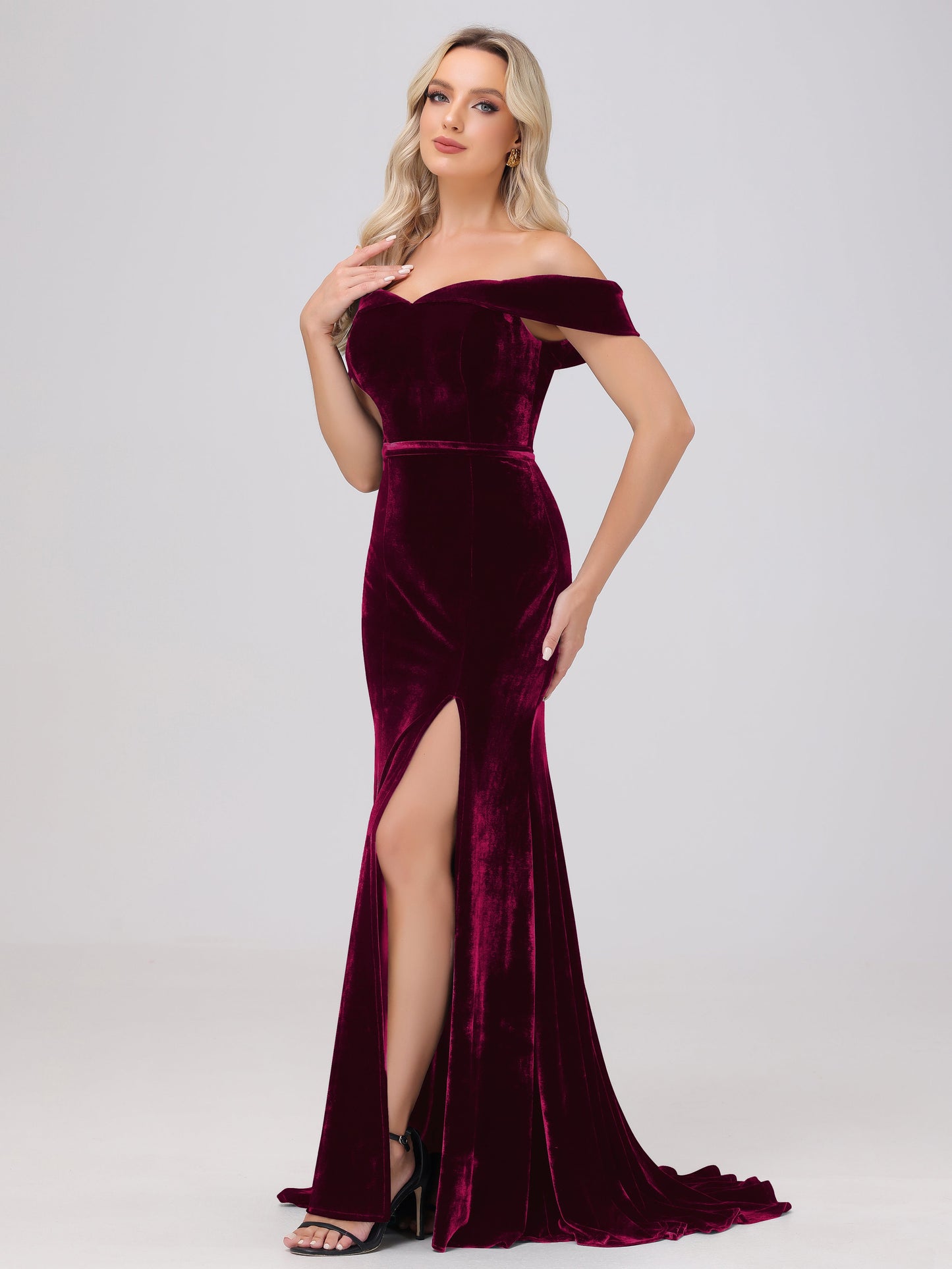 Mermaid Off the Shoulder Zipper Back Velvet Bridesmaid Dresses with Slit