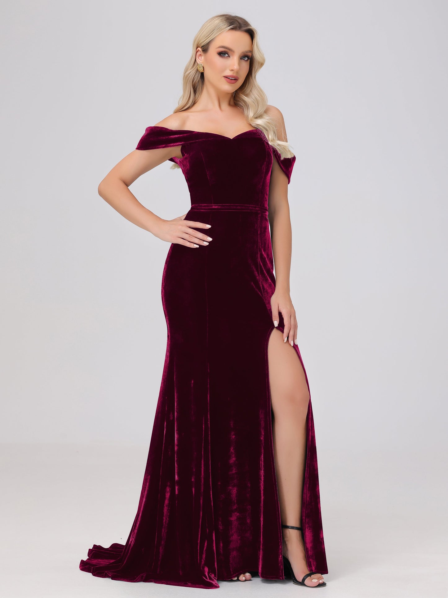 Mermaid Off the Shoulder Zipper Back Velvet Bridesmaid Dresses with Slit