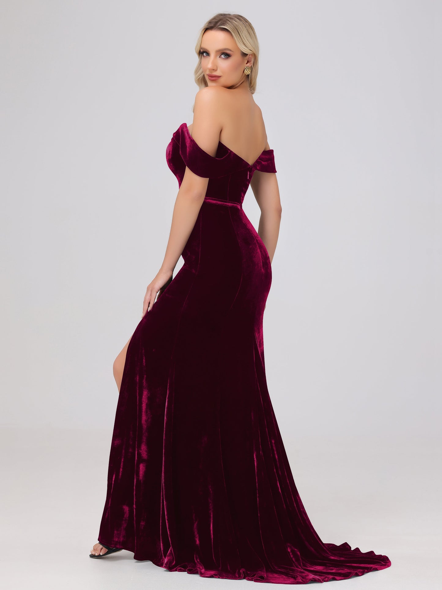 Mermaid Off the Shoulder Zipper Back Velvet Bridesmaid Dresses with Slit