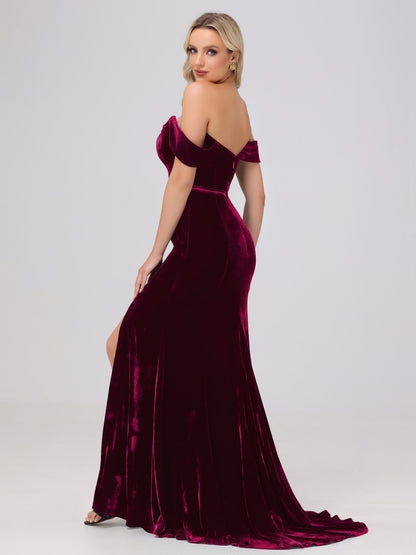 Mermaid Off the Shoulder Zipper Back Velvet Bridesmaid Dresses with Slit