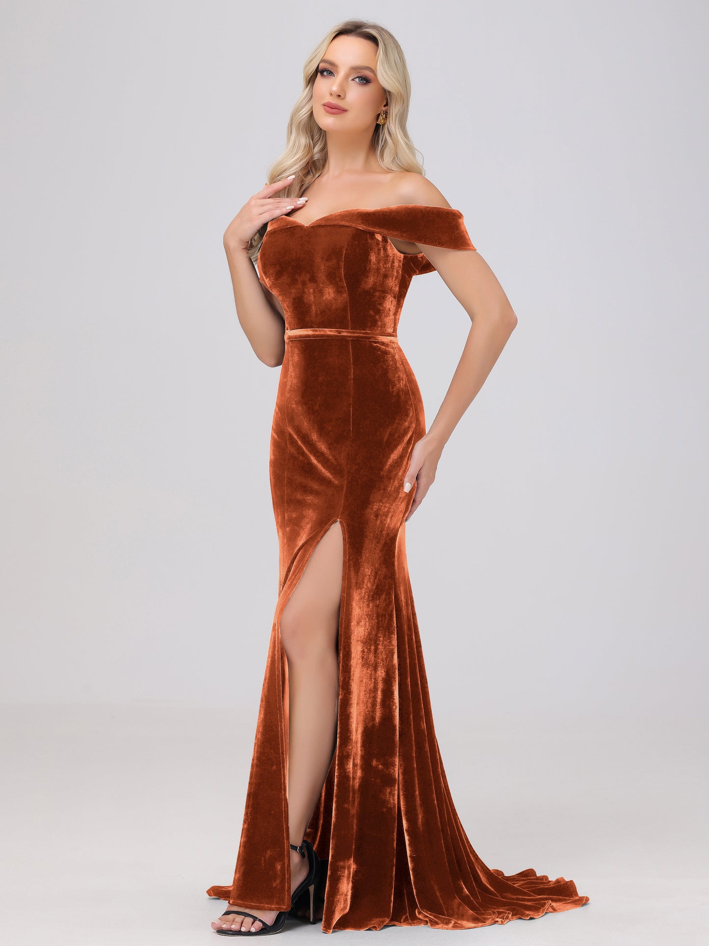 Mermaid Off the Shoulder Zipper Back Velvet Bridesmaid Dresses with Slit