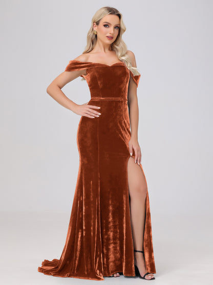 Mermaid Off the Shoulder Zipper Back Velvet Bridesmaid Dresses with Slit